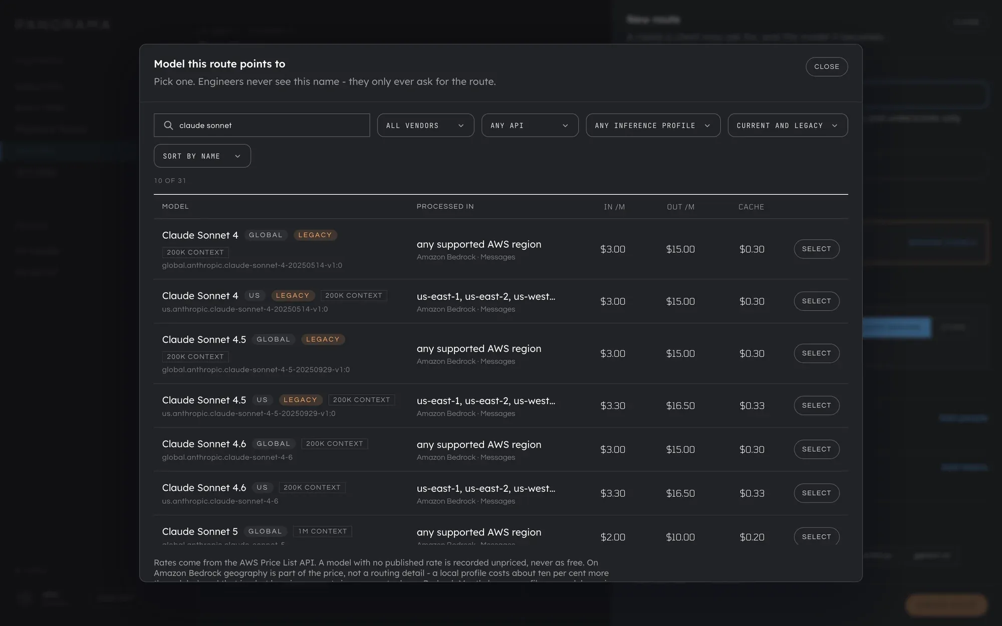 The model picker, searched for claude sonnet. Each row is one target: the model name, its geography such as global or us, its context window, the exact identifier, the regions it may be processed in, and its input, output and cache prices per million tokens.