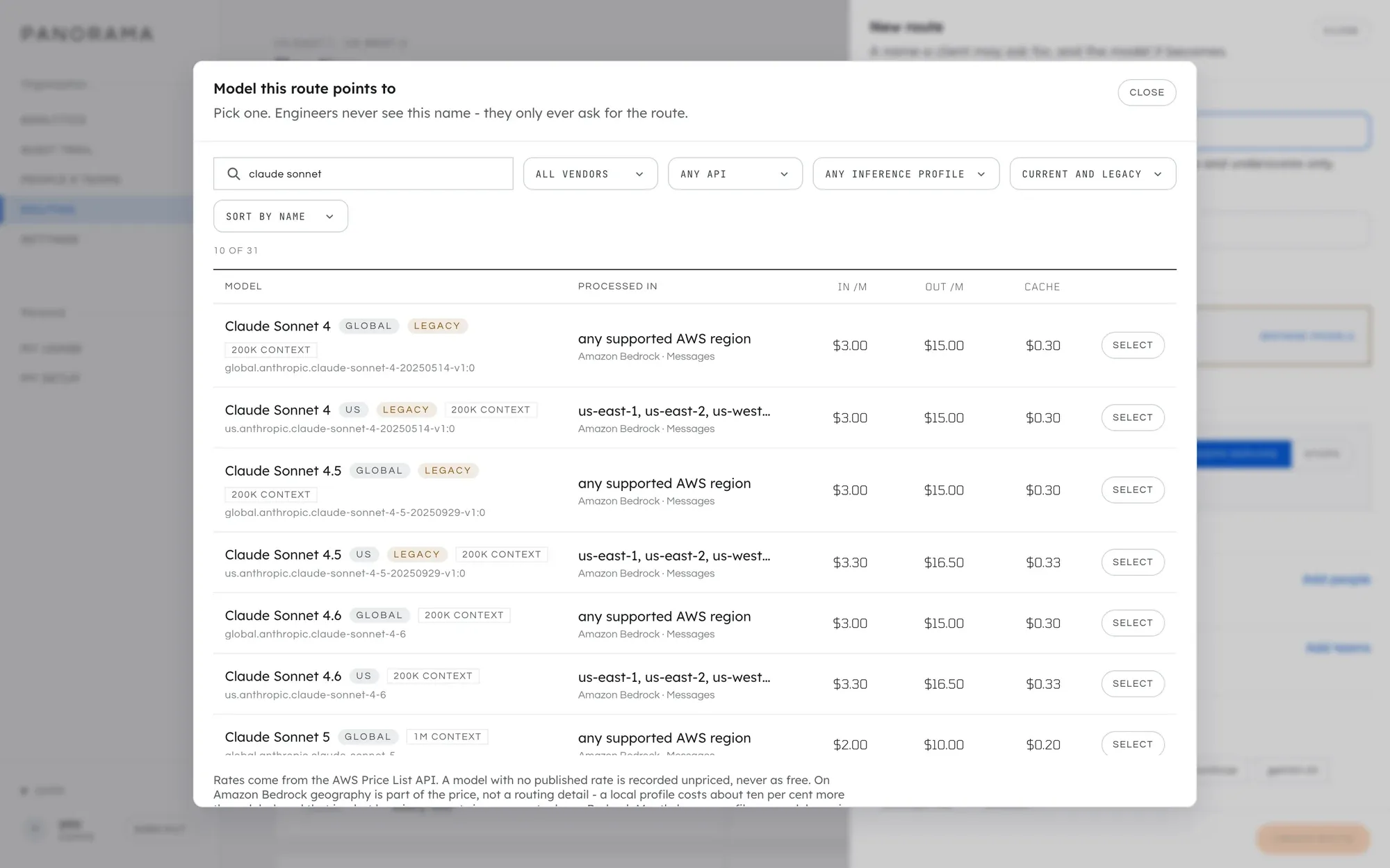 The model picker, searched for claude sonnet. Each row is one target: the model name, its geography such as global or us, its context window, the exact identifier, the regions it may be processed in, and its input, output and cache prices per million tokens.