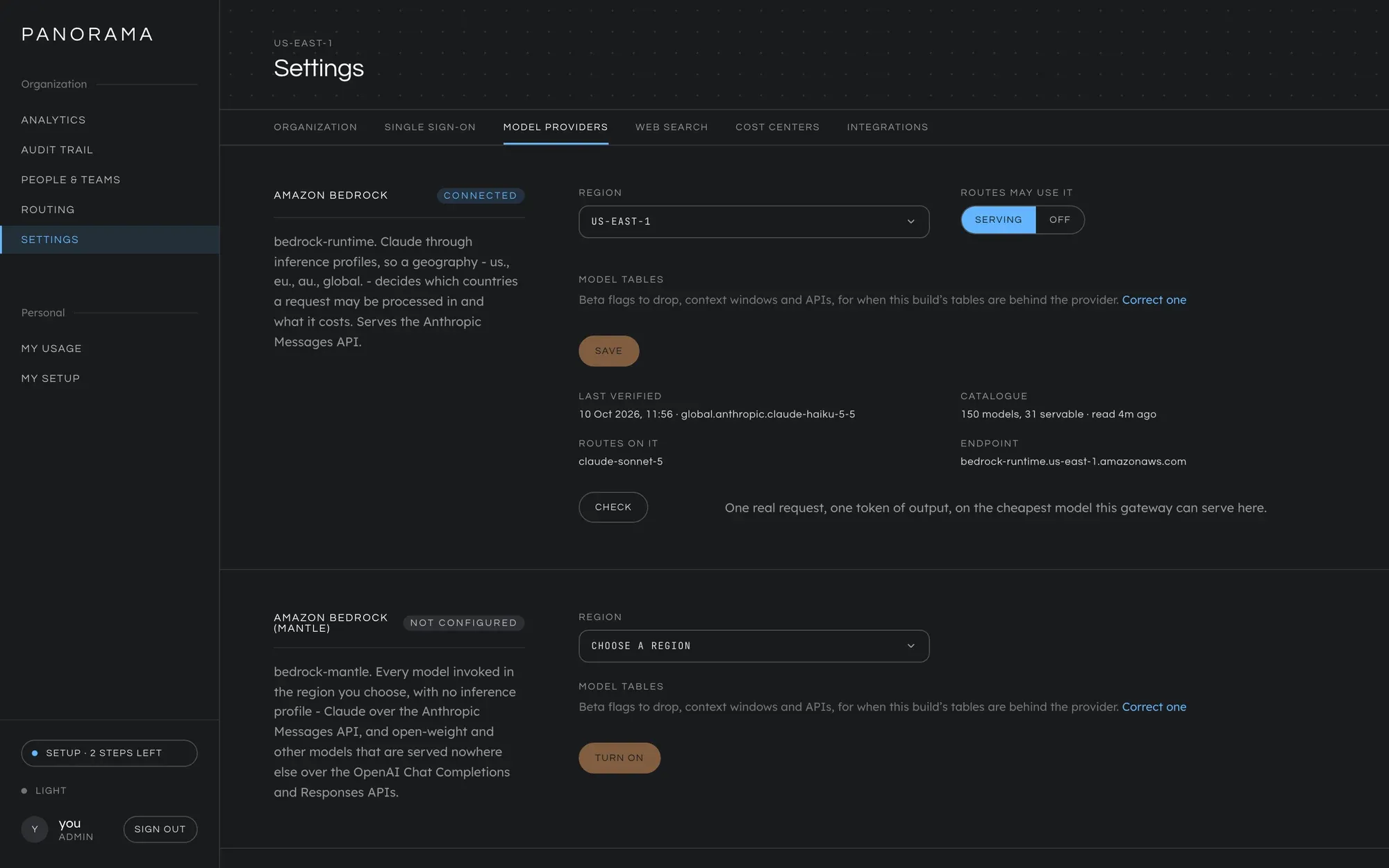 Settings, Model providers. The Amazon Bedrock block reads connected, with the model it was verified against and 150 models in its catalogue. The Amazon Bedrock (Mantle) block under it reads not configured.