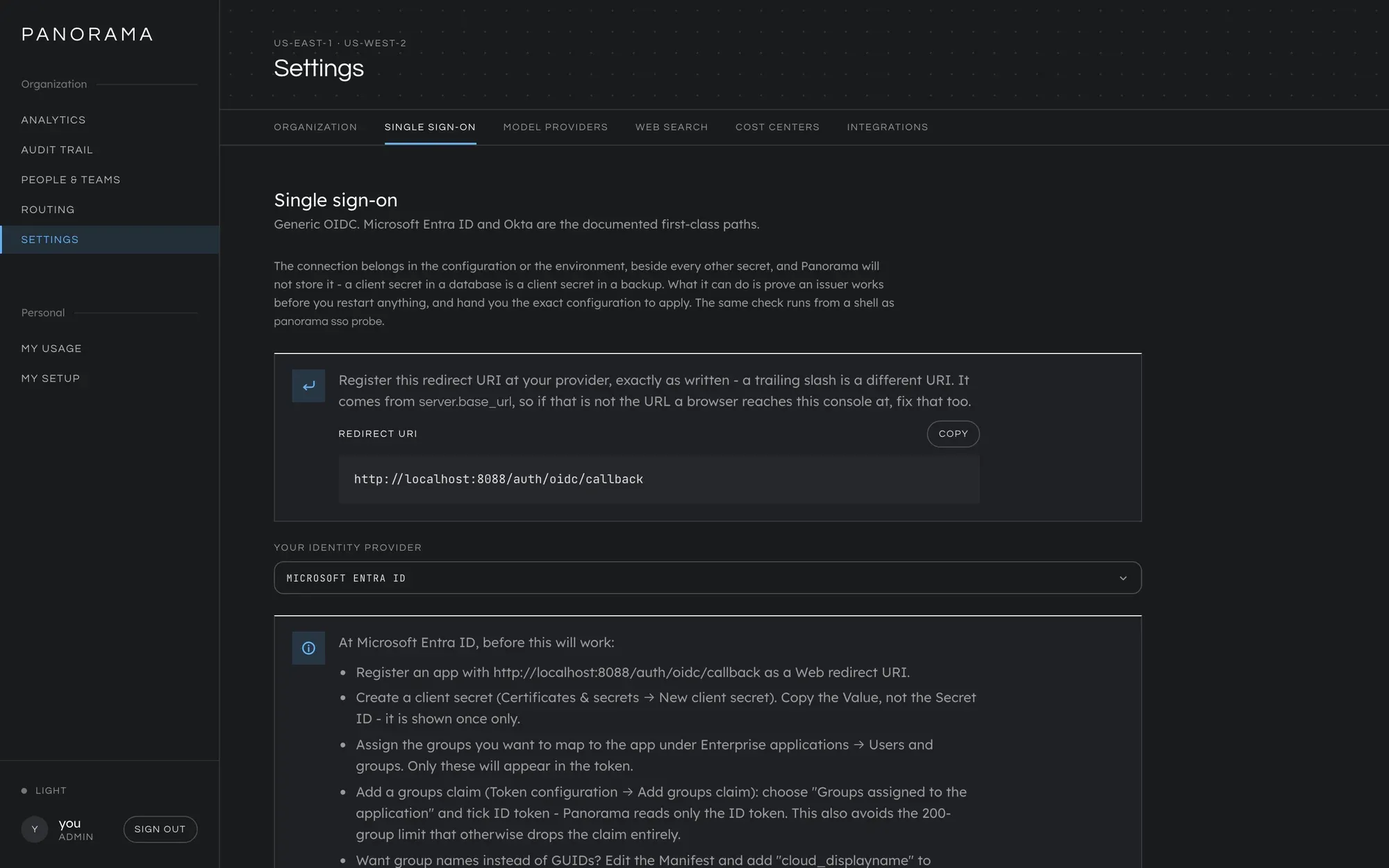 Settings, Single sign-on, before a provider is connected. The redirect URI to register with a Copy button, a list to choose your identity provider from, set to Microsoft Entra ID, and under it what Entra ID needs before sign-in will work.