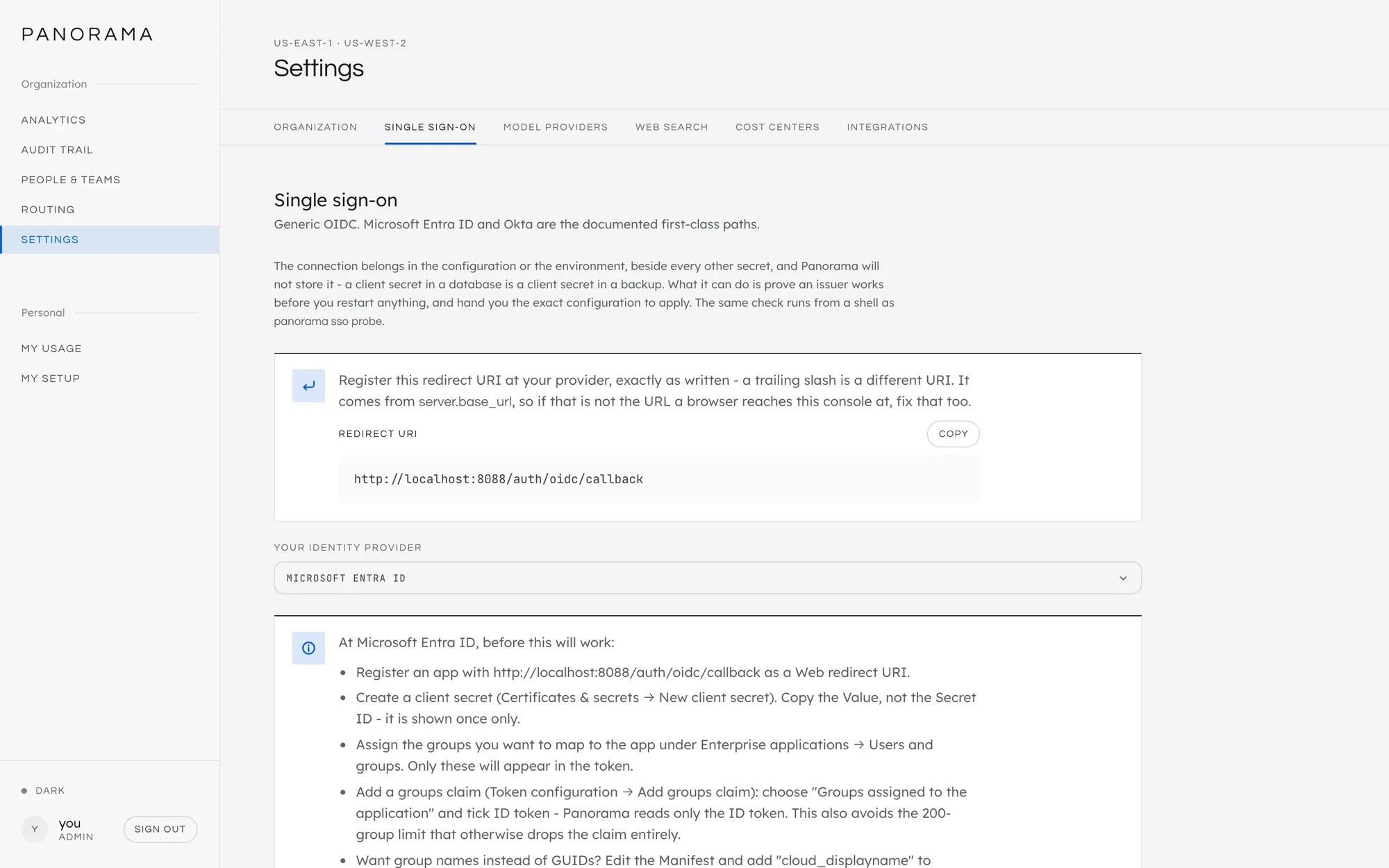 Settings, Single sign-on, before a provider is connected. The redirect URI to register with a Copy button, a list to choose your identity provider from, set to Microsoft Entra ID, and under it what Entra ID needs before sign-in will work.