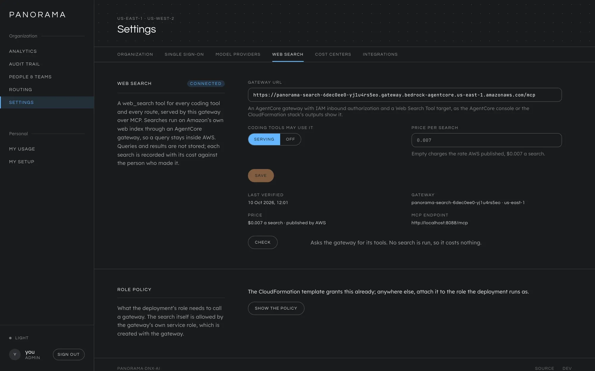 Settings, Web search. On the left, the words Web search and the state connected, with a paragraph saying what the tool is. On the right, the gateway URL, the Serving and Off switch, the price per search box with 0.007 as its placeholder, the Save button, then the last verification time, the gateway id and region, the price, the MCP endpoint, and the Check button. Below, the role policy.