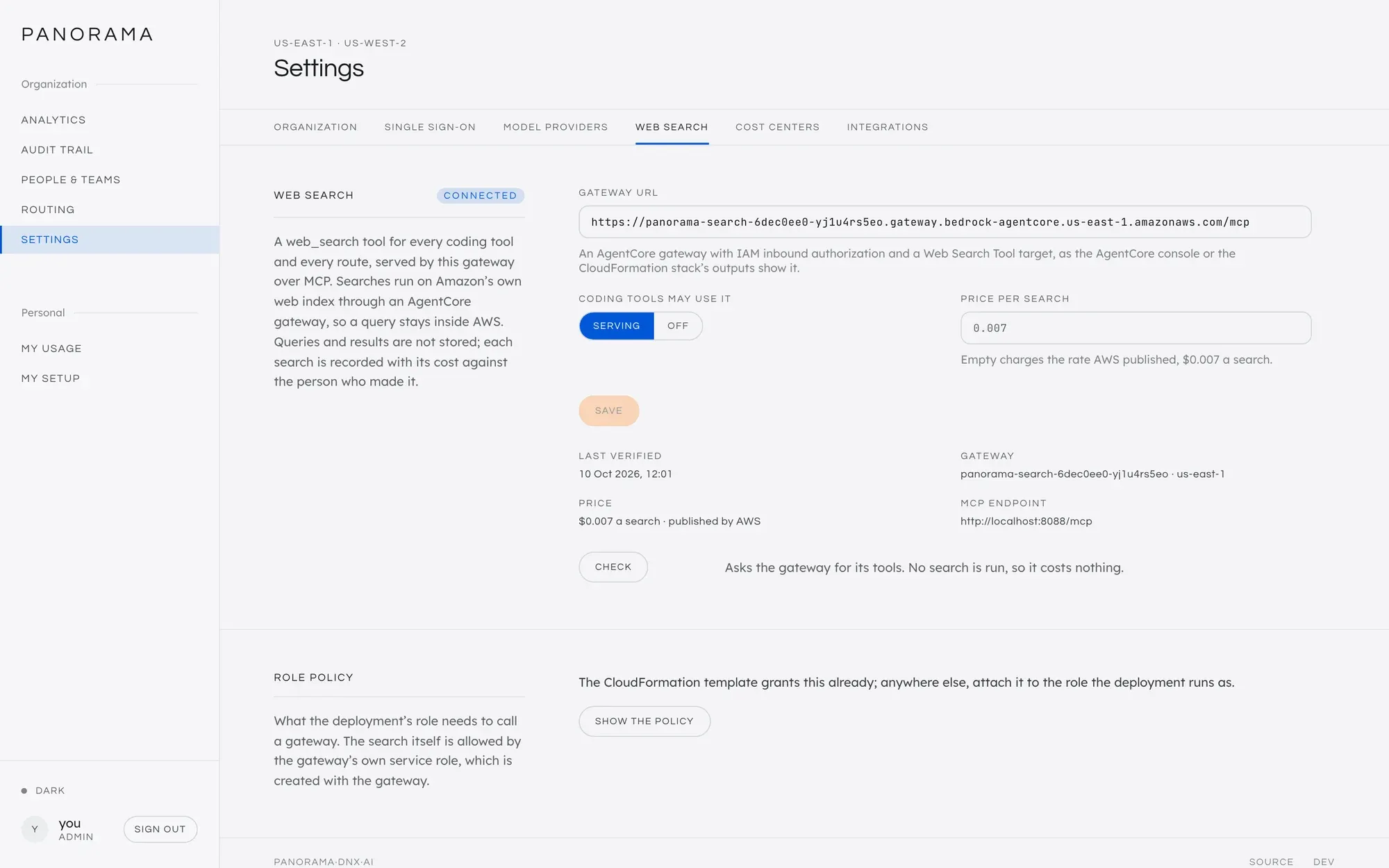 Settings, Web search. On the left, the words Web search and the state connected, with a paragraph saying what the tool is. On the right, the gateway URL, the Serving and Off switch, the price per search box with 0.007 as its placeholder, the Save button, then the last verification time, the gateway id and region, the price, the MCP endpoint, and the Check button. Below, the role policy.
